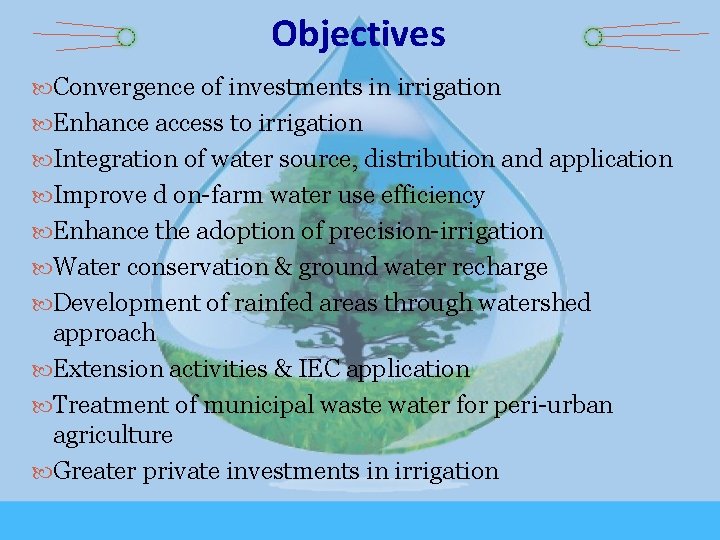 Objectives Convergence of investments in irrigation Enhance access to irrigation Integration of water source,