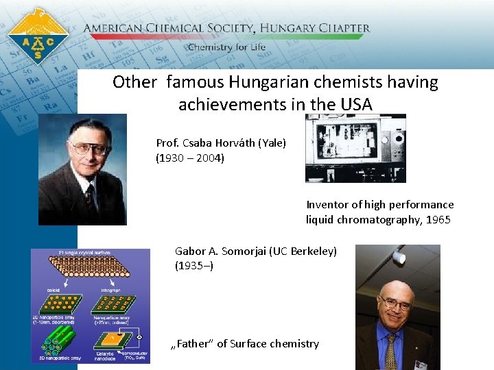 Other famous Hungarian chemists having achievements in the USA Prof. Csaba Horváth (Yale) (1930