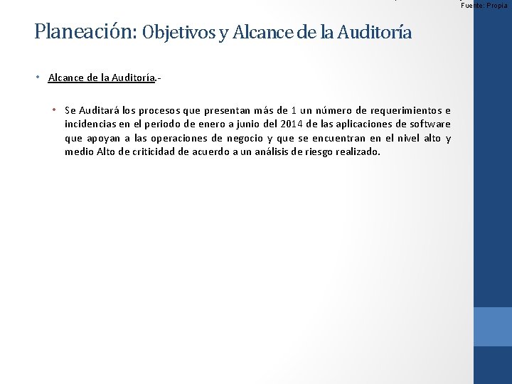 Fuente: Propia Planeación: Objetivos y Alcance de la Auditoría • Alcance de la Auditoría.