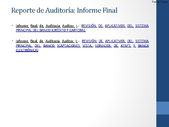Fuente: Propia Reporte de Auditoría: Informe Final • Informe final de Auditoría Auditor I.
