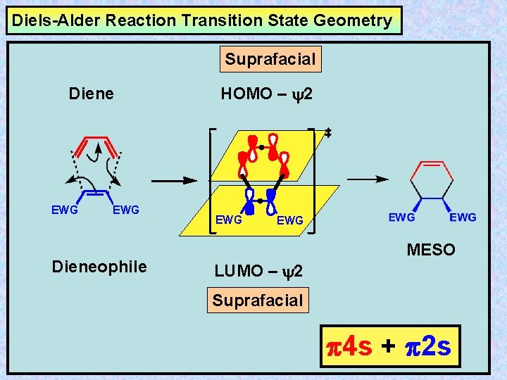 Diels-Alder Reaction Transition State Geometry Suprafacial Diene EWG Dieneophile HOMO – y 2 EWG