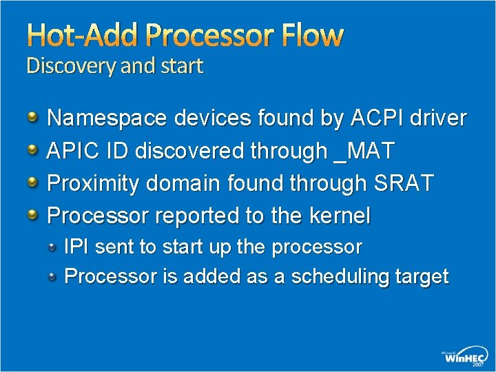 Hot-Add Processor Flow Discovery and start Namespace devices found by ACPI driver APIC ID