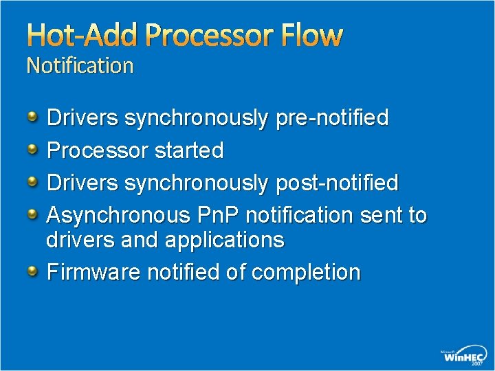 Hot-Add Processor Flow Notification Drivers synchronously pre-notified Processor started Drivers synchronously post-notified Asynchronous Pn.