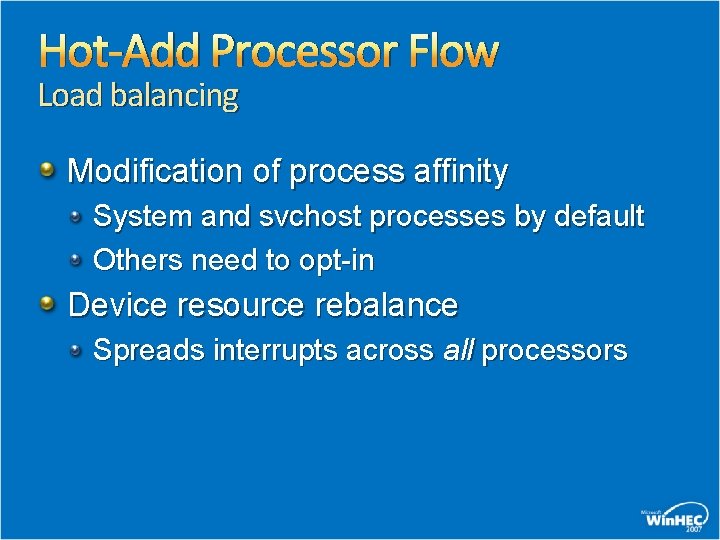 Hot-Add Processor Flow Load balancing Modification of process affinity System and svchost processes by