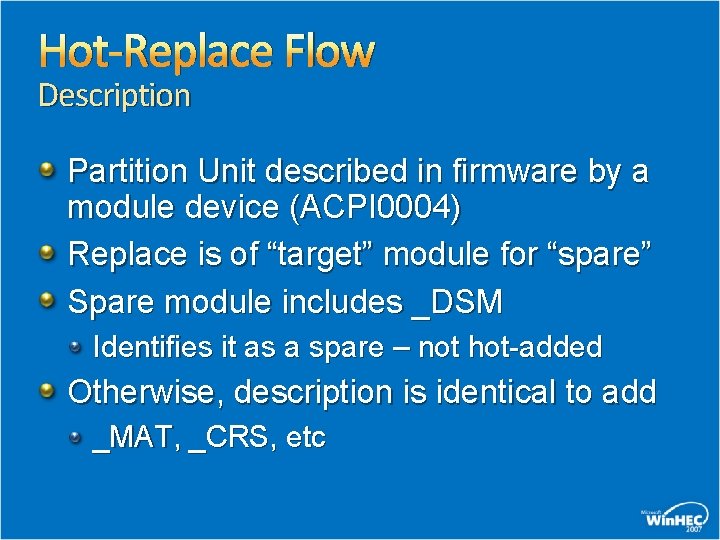 Hot-Replace Flow Description Partition Unit described in firmware by a module device (ACPI 0004)