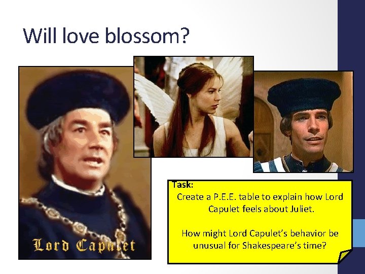 Will love blossom? Task: Create a P. E. E. table to explain how Lord