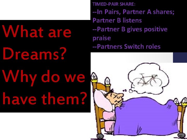 TIMED-PAIR SHARE: What are Dreams? Why do we have them? --In Pairs, Partner A