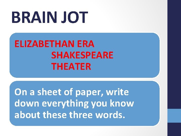 BRAIN JOT ELIZABETHAN ERA SHAKESPEARE THEATER On a sheet of paper, write down everything