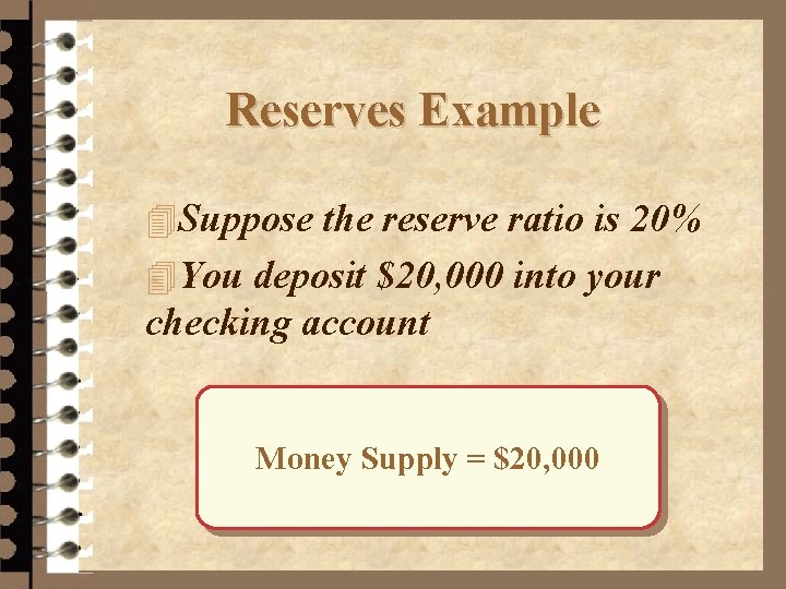 Reserves Example 4 Suppose the reserve ratio is 20% 4 You deposit $20, 000