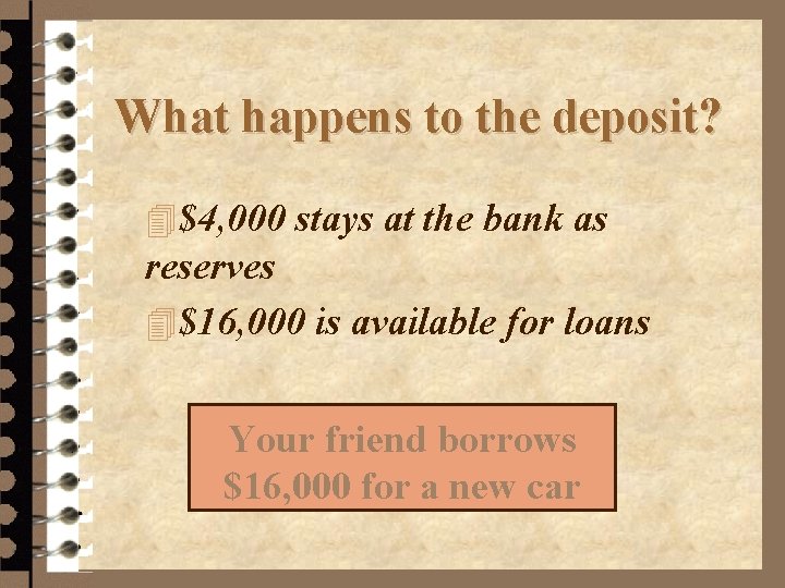What happens to the deposit? 4$4, 000 stays at the bank as reserves 4$16,