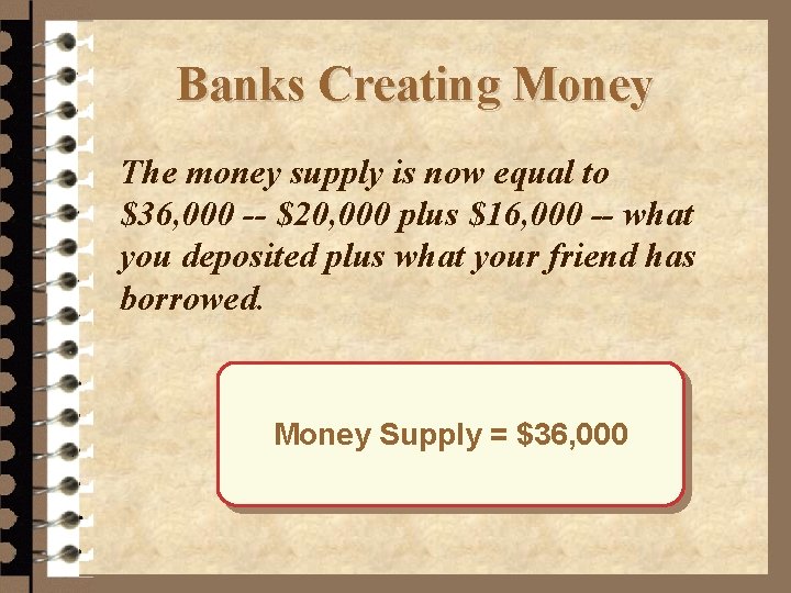 Banks Creating Money The money supply is now equal to $36, 000 -- $20,