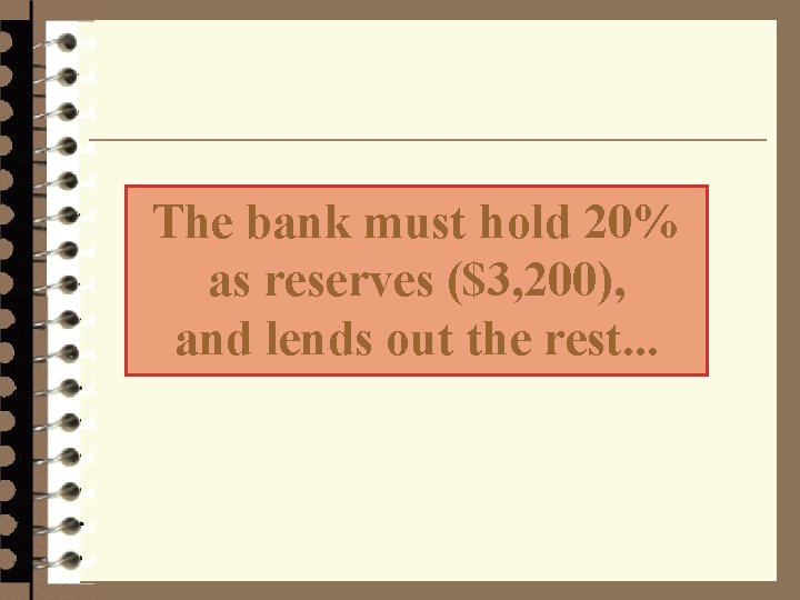 The bank must hold 20% as reserves ($3, 200), and lends out the rest.