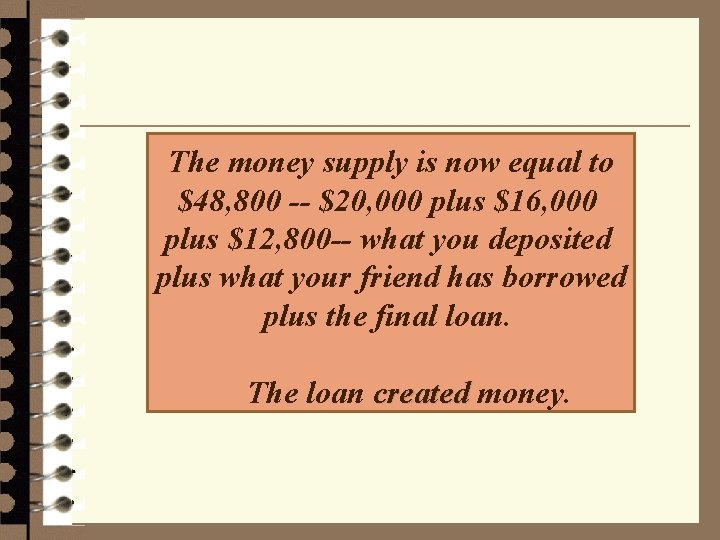 The money supply is now equal to $48, 800 -- $20, 000 plus $16,