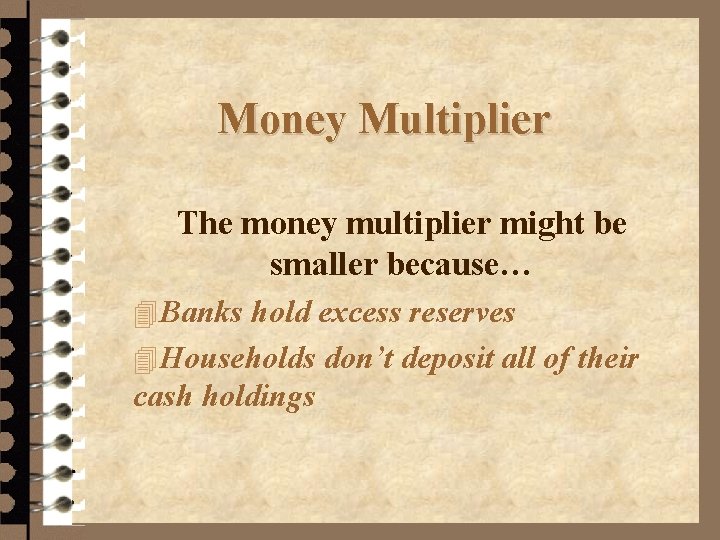 Money Multiplier The money multiplier might be smaller because… 4 Banks hold excess reserves