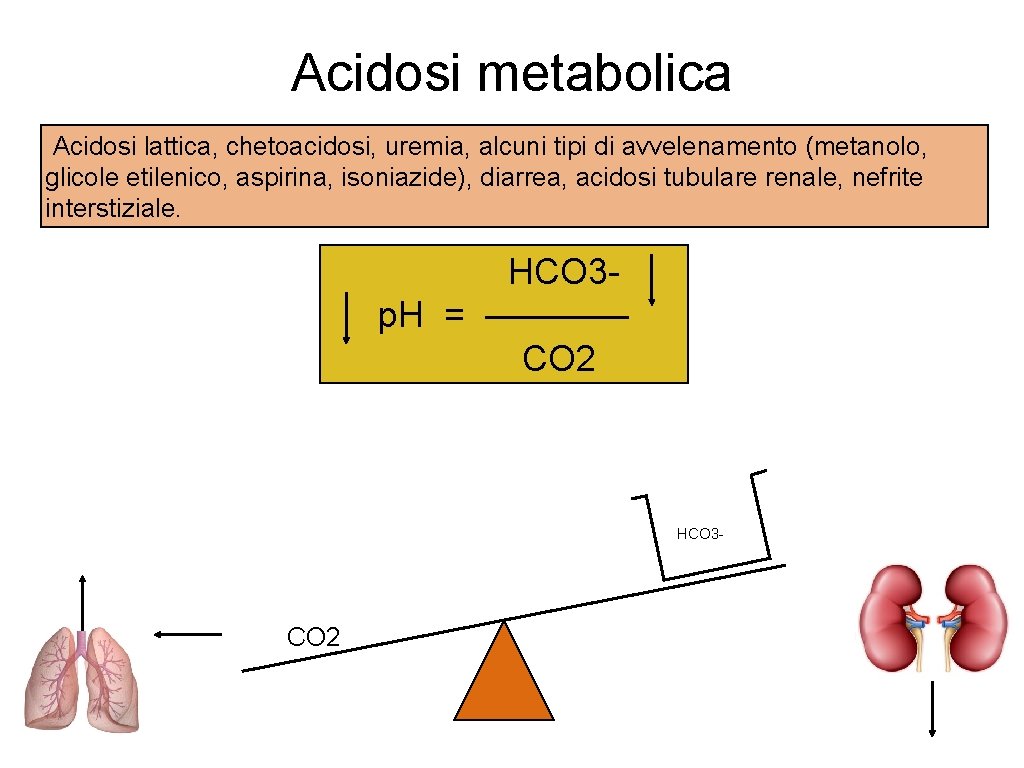 Acidosi metabolica Acidosi lattica, chetoacidosi, uremia, alcuni tipi di avvelenamento (metanolo, glicole etilenico, aspirina,