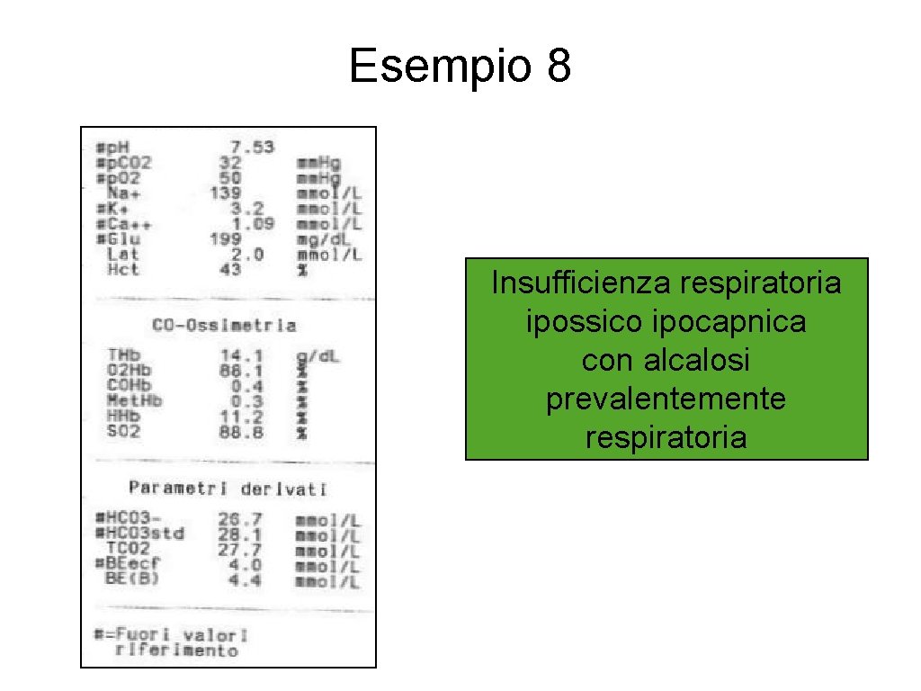 Esempio 8 Insufficienza respiratoria ipossico ipocapnica con alcalosi prevalentemente respiratoria 