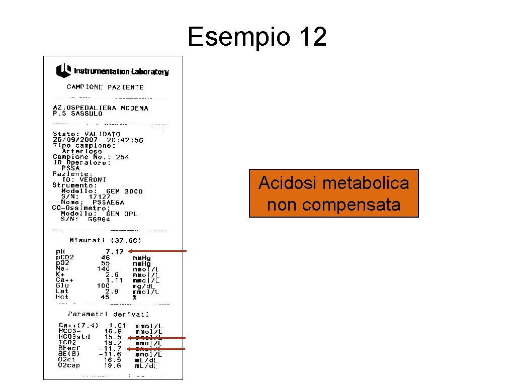Esempio 12 Acidosi metabolica non compensata 