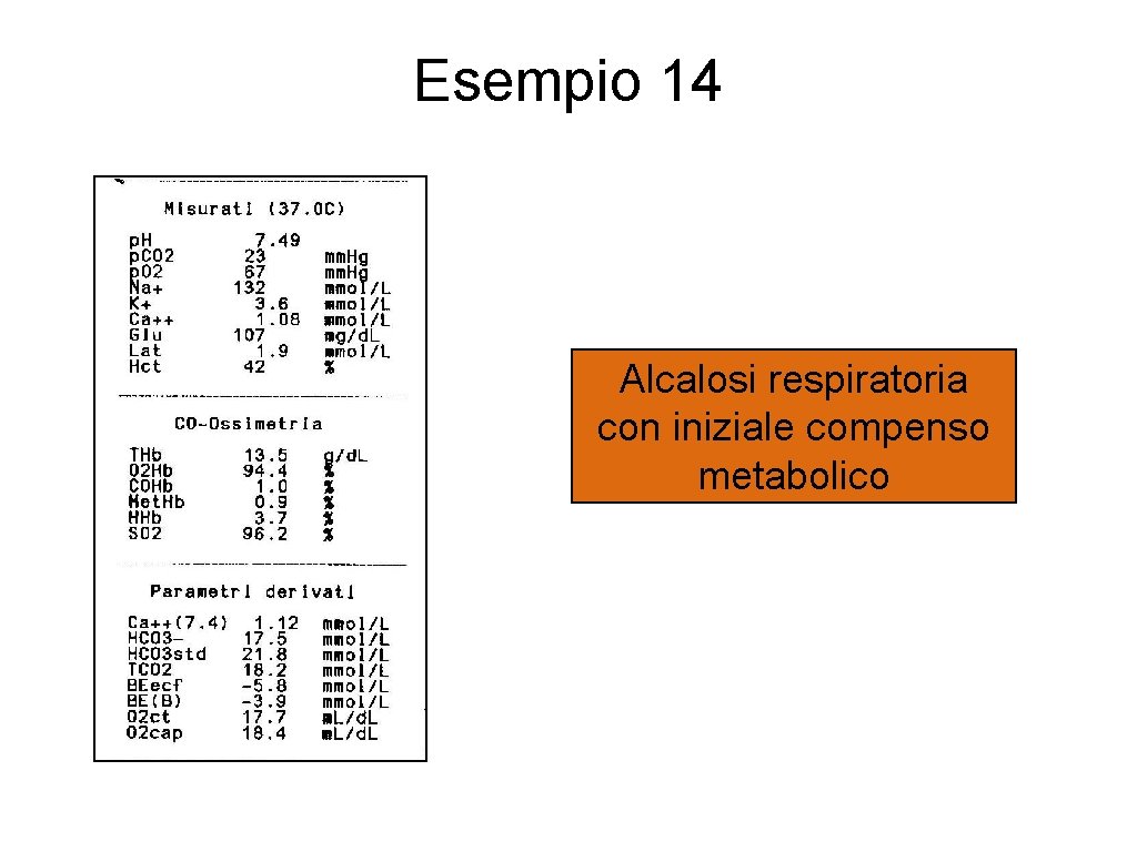 Esempio 14 Alcalosi respiratoria con iniziale compenso metabolico 