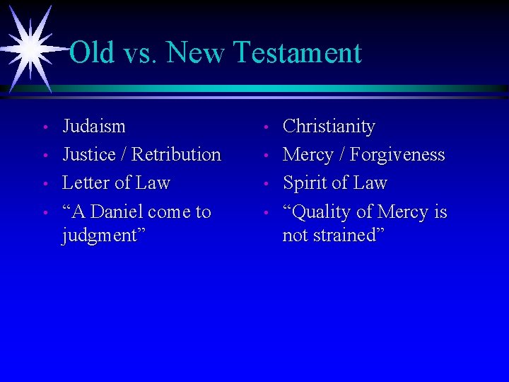 Old vs. New Testament • • Judaism Justice / Retribution Letter of Law “A