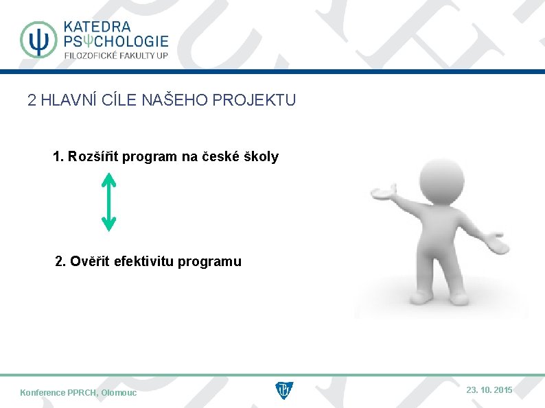 2 HLAVNÍ CÍLE NAŠEHO PROJEKTU 1. Rozšířit program na české školy 2. Ověřit efektivitu 2 HLAVNÍ CÍLE NAŠEHO PROJEKTU 1. Rozšířit program na české školy 2. Ověřit efektivitu
