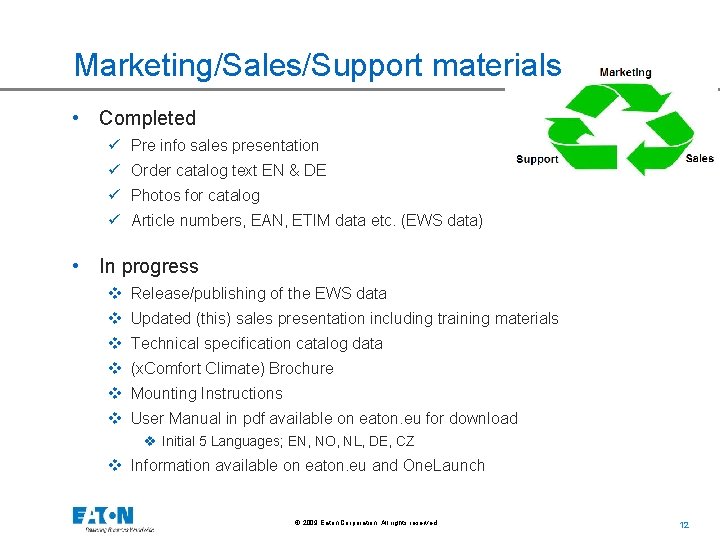 Marketing/Sales/Support materials • Completed ü Pre info sales presentation ü Order catalog text EN