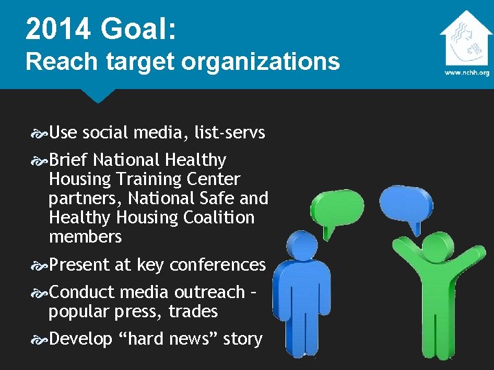 2014 Goal: Reach target organizations Use social media, list-servs Brief National Healthy Housing Training