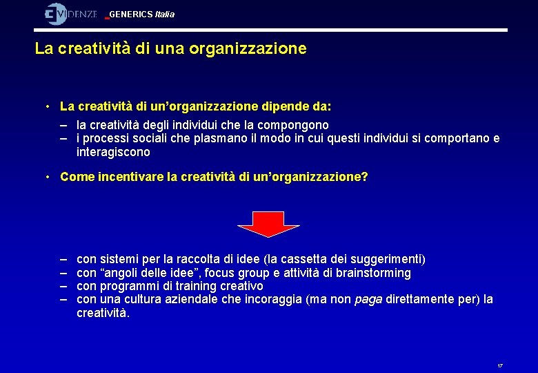 GENERICS Italia La creatività di una organizzazione • La creatività di un’organizzazione dipende da: