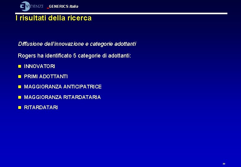 GENERICS Italia I risultati della ricerca Diffusione dell’innovazione e categorie adottanti Rogers ha identificato