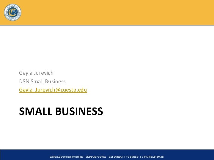 Gayla Jurevich DSN Small Business Gayla_Jurevich@cuesta. edu SMALL BUSINESS California Community Colleges – Chancellor’s