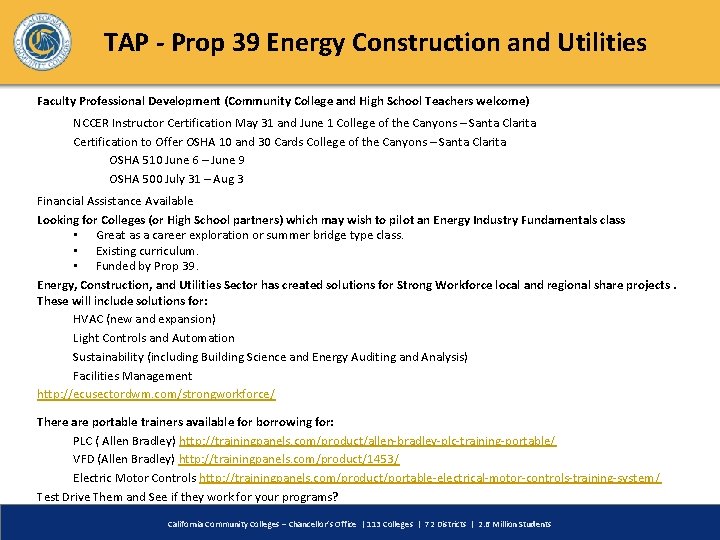 TAP - Prop 39 Energy Construction and Utilities Faculty Professional Development (Community College and