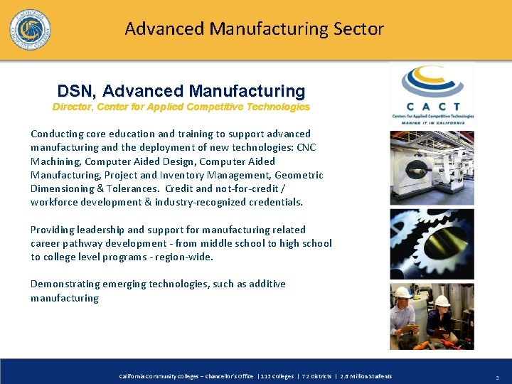 Advanced Manufacturing Sector DSN, Advanced Manufacturing Director, Center for Applied Competitive Technologies Conducting core