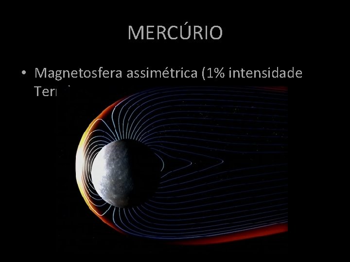 MERCÚRIO • Magnetosfera assimétrica (1% intensidade Terra) MERCÚRIO • Magnetosfera assimétrica (1% intensidade Terra)