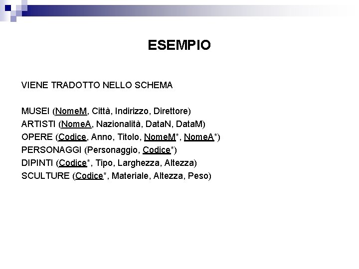 ESEMPIO VIENE TRADOTTO NELLO SCHEMA MUSEI (Nome. M, Città, Indirizzo, Direttore) ARTISTI (Nome. A,