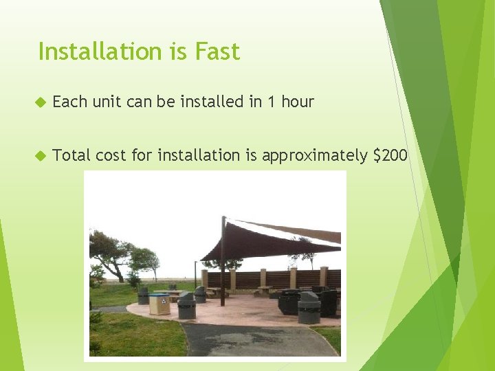 Installation is Fast Each unit can be installed in 1 hour Total cost for