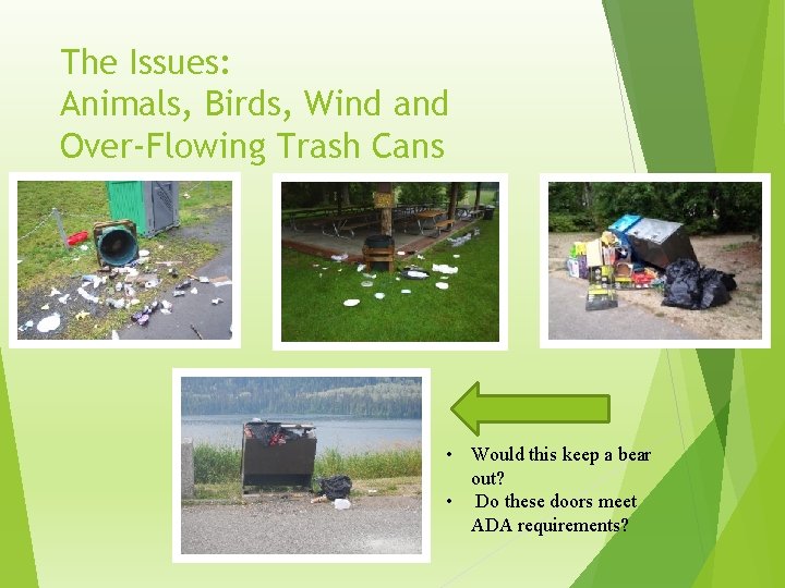 The Issues: Animals, Birds, Wind and Over-Flowing Trash Cans • Would this keep a