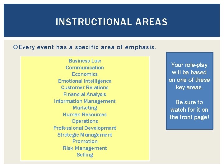 INSTRUCTIONAL AREAS Every event has a specific area of emphasis. Business Law Communication Economics