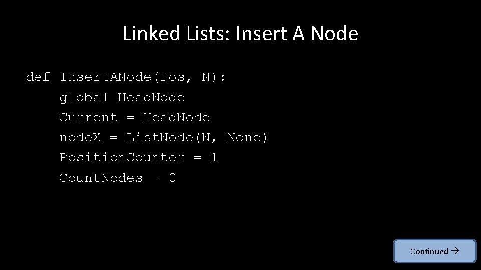 Linked Lists: Insert A Node def Insert. ANode(Pos, N): global Head. Node Current =