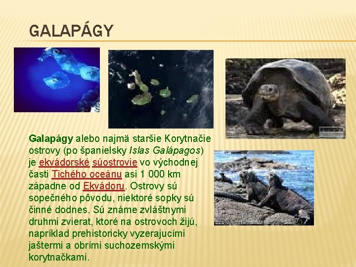 GALAPÁGY Galapágy alebo najmä staršie Korytnačie ostrovy (po španielsky Islas Galápagos) je ekvádorské súostrovie