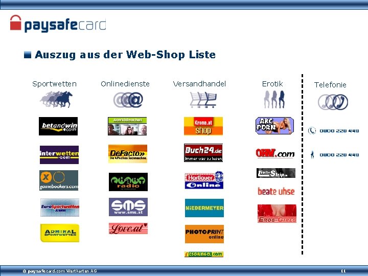 Auszug aus der Web-Shop Liste Sportwetten © paysafecard. com Wertkarten AG Onlinedienste Versandhandel Erotik