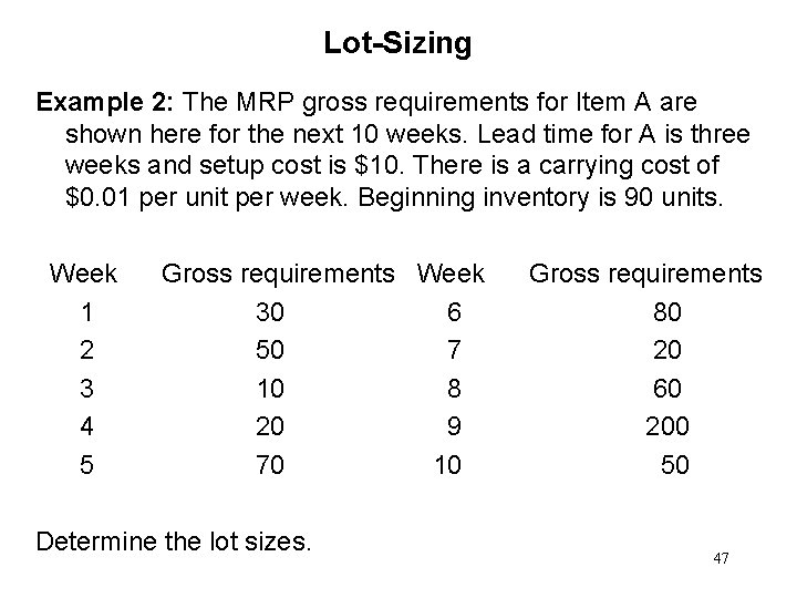 Lot-Sizing Example 2: The MRP gross requirements for Item A are shown here for