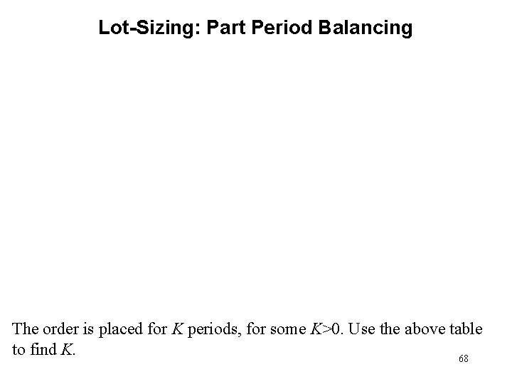 Lot-Sizing: Part Period Balancing The order is placed for K periods, for some K>0.