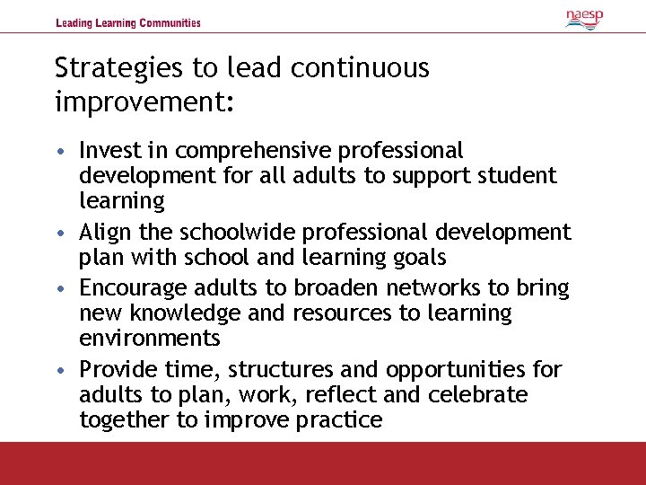 Strategies to lead continuous improvement: • Invest in comprehensive professional development for all adults