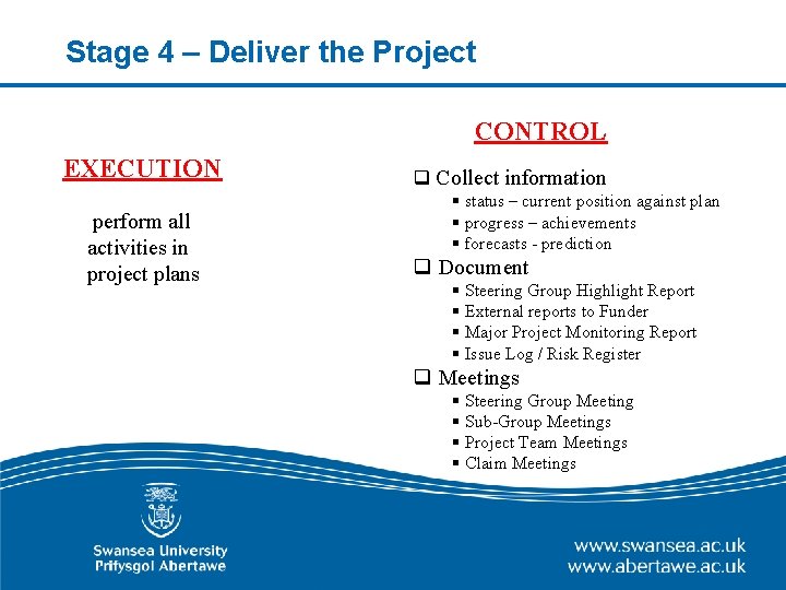 Stage 4 – Deliver the Project CONTROL EXECUTION perform all activities in project plans