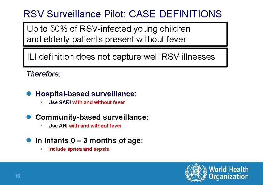 RSV Surveillance Pilot: CASE DEFINITIONS Up to 50% of RSV-infected young children and elderly RSV Surveillance Pilot: CASE DEFINITIONS Up to 50% of RSV-infected young children and elderly