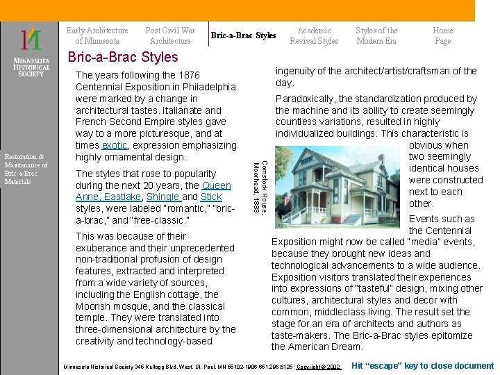 Early Architecture of Minnesota Post Civil War Architecture Bric-a-Brac Styles Academic Revival Styles of Early Architecture of Minnesota Post Civil War Architecture Bric-a-Brac Styles Academic Revival Styles of