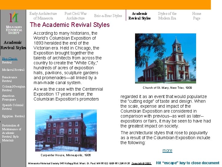Early Architecture of Minnesota Post Civil War Architecture Bric-a-Brac Styles Academic Revival Styles of Early Architecture of Minnesota Post Civil War Architecture Bric-a-Brac Styles Academic Revival Styles of