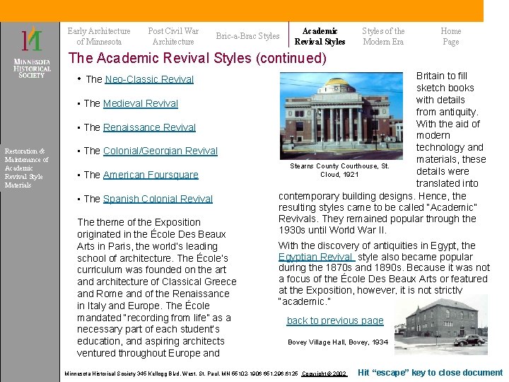 Early Architecture of Minnesota Post Civil War Architecture Bric-a-Brac Styles Academic Revival Styles of Early Architecture of Minnesota Post Civil War Architecture Bric-a-Brac Styles Academic Revival Styles of