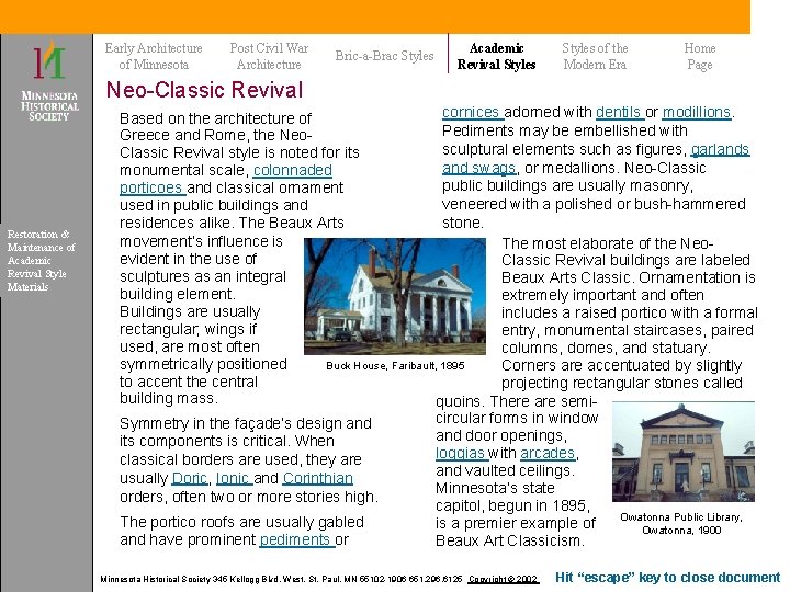 Early Architecture of Minnesota Post Civil War Architecture Bric-a-Brac Styles Academic Revival Styles of Early Architecture of Minnesota Post Civil War Architecture Bric-a-Brac Styles Academic Revival Styles of