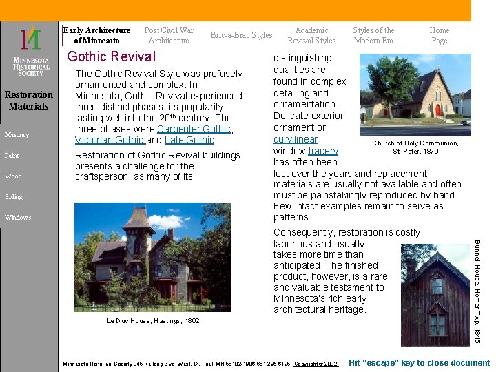 Early Architecture of Minnesota Post Civil War Architecture Bric-a-Brac Styles Gothic Revival Restoration Materials Early Architecture of Minnesota Post Civil War Architecture Bric-a-Brac Styles Gothic Revival Restoration Materials