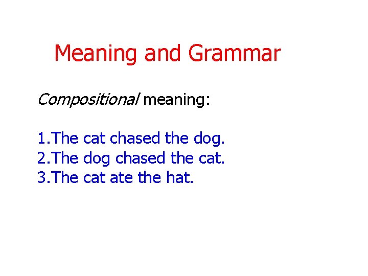 Meaning and Grammar Compositional meaning: 1. The cat chased the dog. 2. The dog